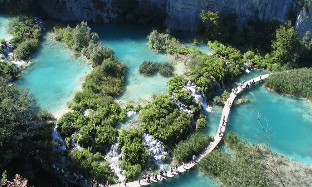 Aerial view of boardwalk and waterfalls, Plitvice National Park