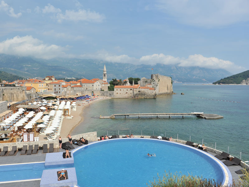 Beach and old town at Budva from Avala Resort Hotel