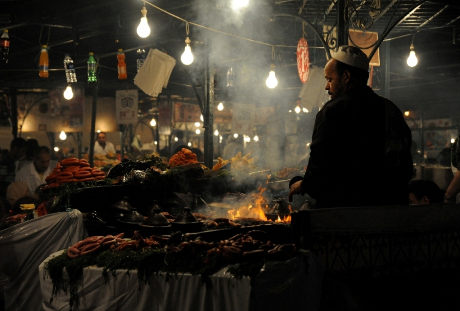 Food stalls in Djemma el Fna at night - www.visitmorocco.com/Moroccan National Tourist Office. Copyright is retained by the Moroccan National Tourist Office, all rights reserved.