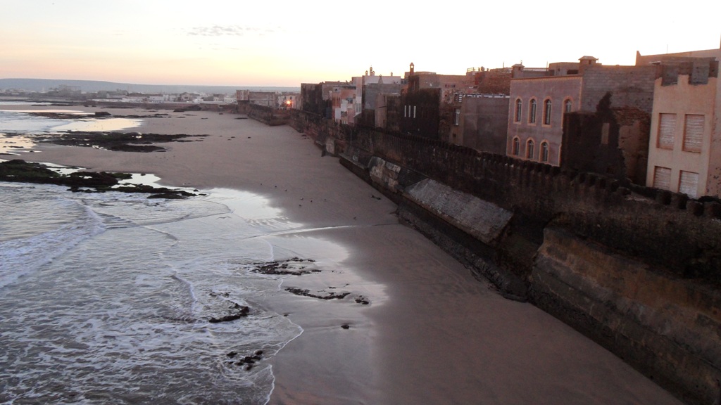 Essaouira sea walls, beach at sunrise