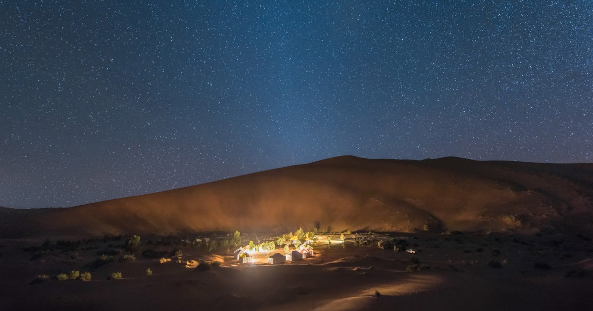 Erg Chebbi desert camp at night.