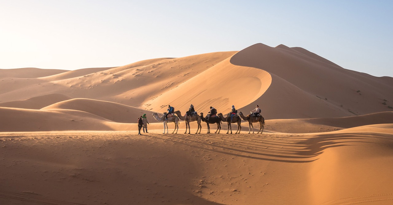 Riding a camel train across the Sahara in Morocco